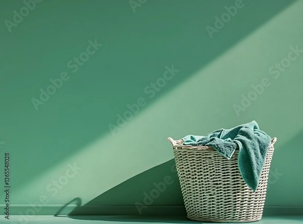 Obraz A laundry basket full of on the floor against a green wall, empty space for text