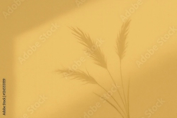 Fototapeta A soft shadow of grass plants on a warm yellow wall, creating a serene atmosphere.