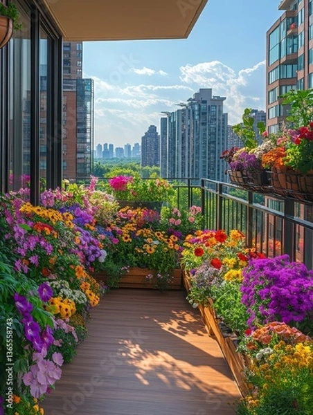 Fototapeta Balcony garden overflowing with colorful flowers and plants, set against a backdrop of glass buildings