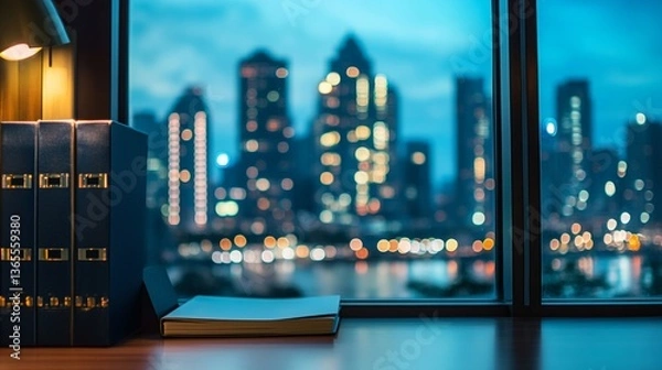 Fototapeta Legal Files Under Lamp Light with Blurred City Skyline at Night