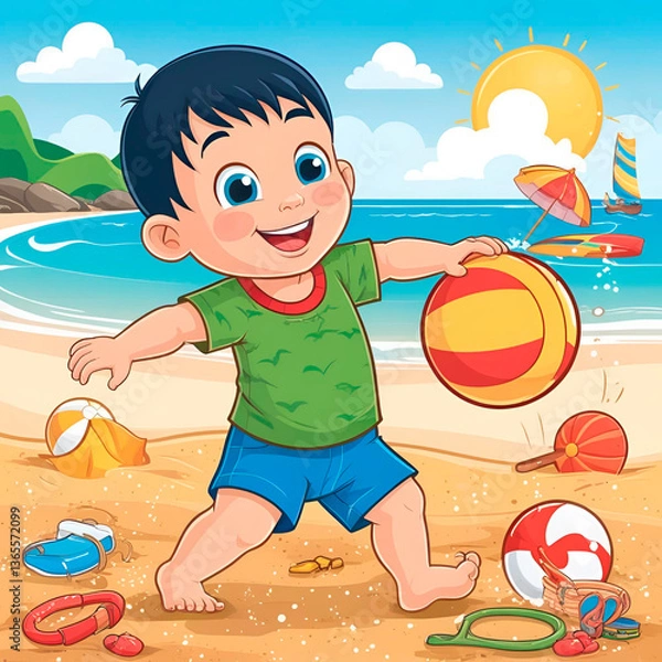 Fototapeta drawing of a child playing on the beach on a sunny day, made with Generative AI