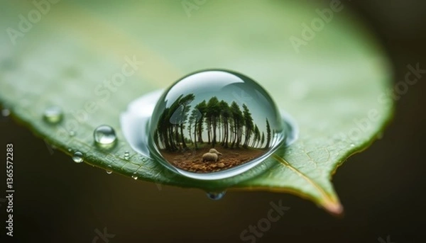Fototapeta Hyperrealistic Raindrop Miniature Forest Reflection on Leaf