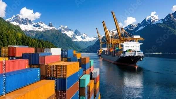 Fototapeta Cargo ship loaded with colorful shipping containers docked in a scenic coastal harbor surrounded by snow capped mountains and a beautiful blue sky with fluffy clouds