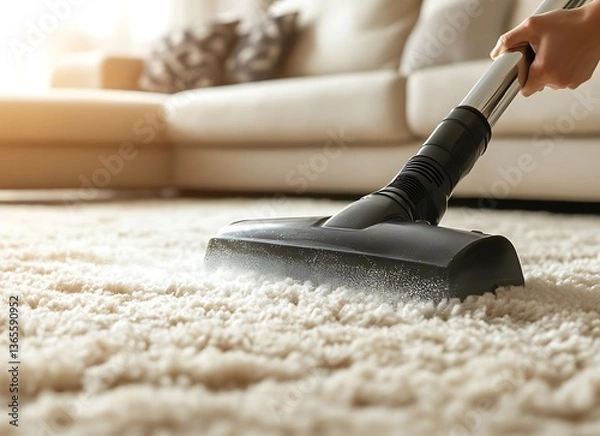 Obraz A professional carpet cleaning service worker is using a wet vacuum cleaner to clean the floor in front of a sofa, close-up view of hands and equipment