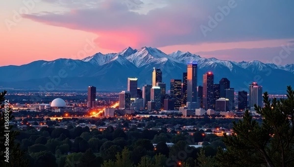 Fototapeta Denver skyline, Rocky Mountains backdrop, dramatic angle, colorado, skyline, colorado mountains