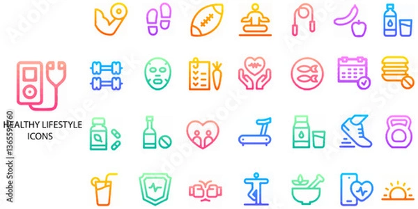 Fototapeta Healthy Lifestyle simple concept 28 color icons set. Contains such abstract, active, app, beauty, camera, care .Vector illustration.
