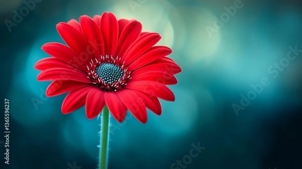Fototapeta Vibrant red flower blooms softly against a teal bokeh background. AI Generated