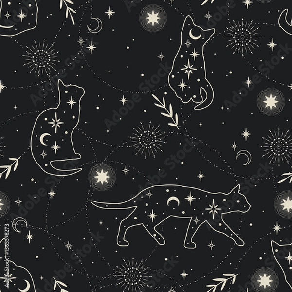 Fototapeta Astrology seamless pattern with magic cats. Stars, sun, plants, crescents on the black background. Magic textile design, fabric, wallpaper. 