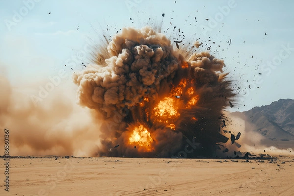 Obraz A large explosion in the desert, with sand and debris being blown into the air and a fiery aftermath.