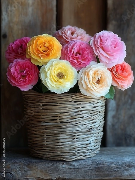 Obraz Colorful Roses in Rustic Basket.