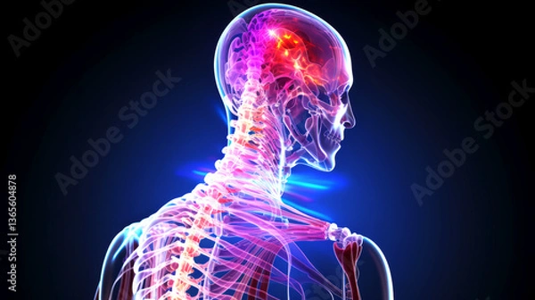 Fototapeta Detailed 3D illustration of human skeletal and nervous systems, highlighting spine and brain. Anatomical structures of human spine, brain, and nervous system in futuristic and scientific style