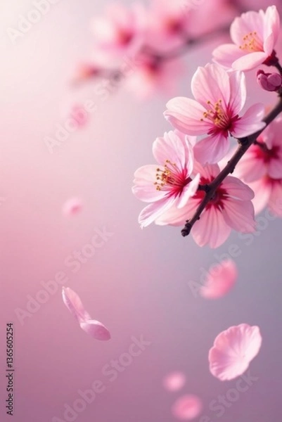 Fototapeta delicate pink sakura petals float gently in a serene background of soft pastel hues, soft focus, pink flowers, spring