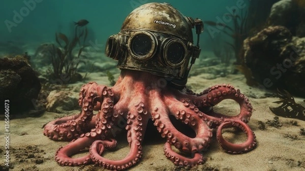 Fototapeta A concept image of marine creatures "reclaiming" lost human objects (e.g., an octopus living inside an old diving helmet). 