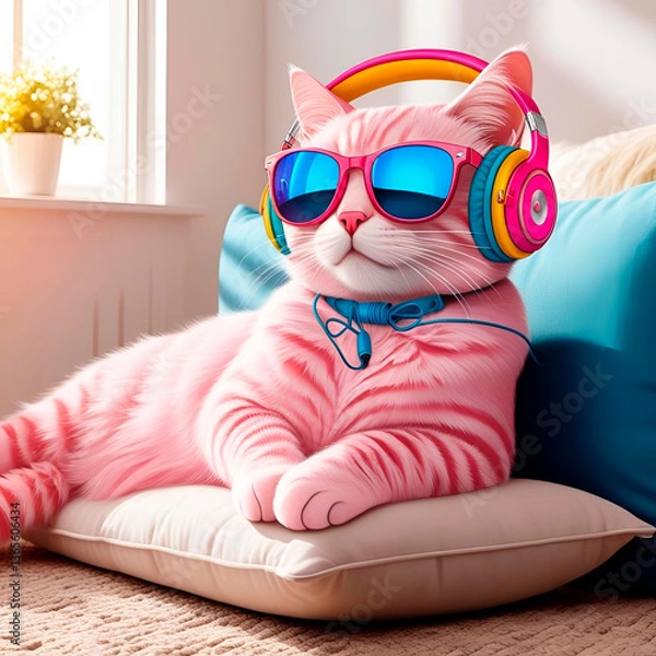 Fototapeta Pink cat with sunglasses and headphones, created with Generative AI