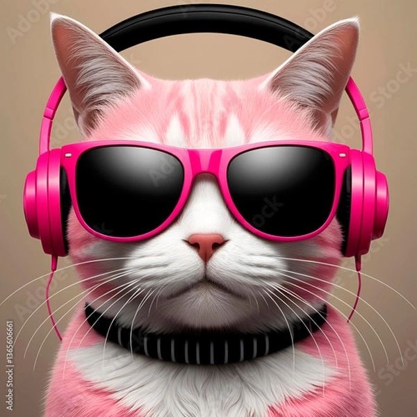 Fototapeta Pink cat with sunglasses and headphones, created with Generative AI