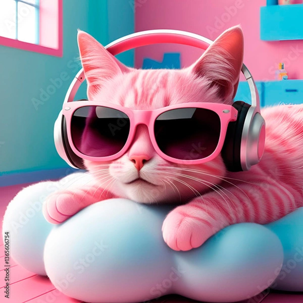 Fototapeta Pink cat with sunglasses and headphones, created with Generative AI
