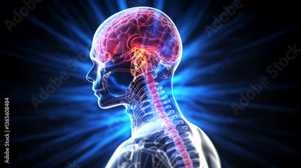 Fototapeta Illustration of detailed depiction of human brain, spinal cord, nervous system. Neural pathways, nerve signals, connections within central nervous system highlighting brain and spinal cord