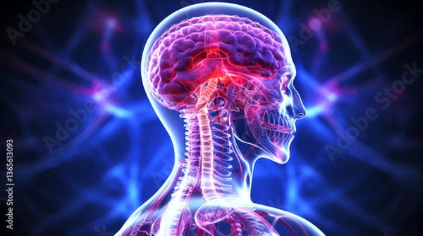 Fototapeta Medical illustration of human brain and spinal cord, highlighting neural activity with glowing purple and red hues, represents neuroscience, brain function, human anatomy in visually striking way