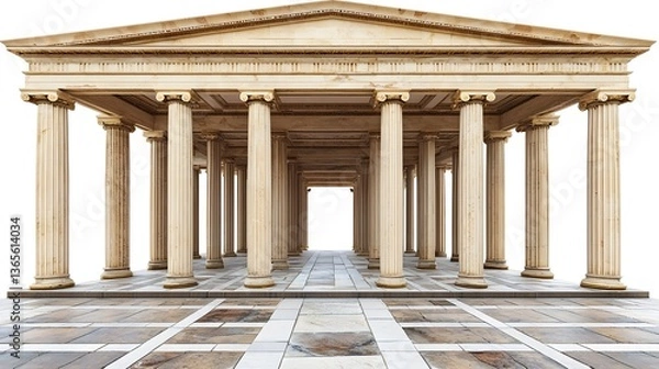 Fototapeta Elegant Greek Stoa with Long Colonnade and Polished Stone Floors in Isolated Courtyard