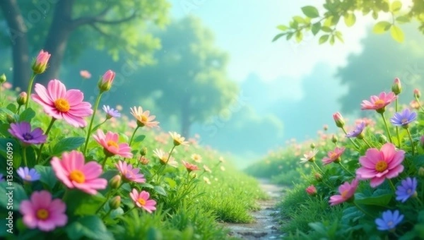 Obraz Serene Pathway Through a Field of Delicate Blossoms, bathed in the soft glow of morning sunlight