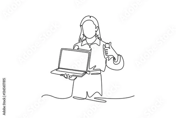 Fototapeta young Asian businesswoman using laptop. Technology in business concept. Single line draw design. Vector graphic illustration