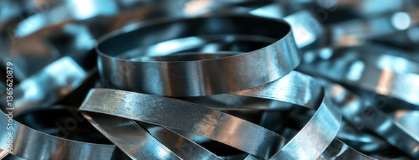 Obraz macro shot of pile of stainless steel and metal strips, reflecting light with a polished and brushed texture. scrap metal shavings twisted into loops and curves