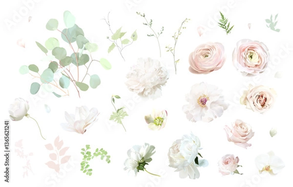 Obraz Pink ranunculus, white peony, blush pink rose, magnolia, green hellebores, eucalyptus, sage greenery vector design wedding spring set. Floral summer watercolor. Elements are isolated and editable