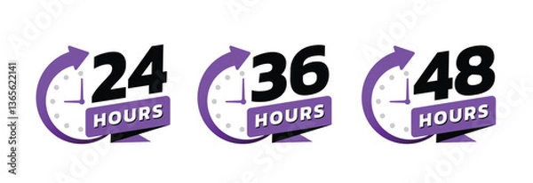 Fototapeta Hour timer icons. 24, 36 and 48 hours, clock face icon. Timer showing hours. Flat icon vector isolated on white background.