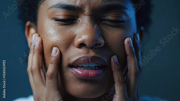 Fototapeta Pain and Agony: A close-up captures the raw emotion of pain on a woman's face as she clutches her cheeks, her eyes squeezed shut in anguish.