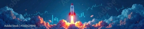 Fototapeta Rocket blasting off from a launchpad amidst financial charts and graphs on a blue background , growth, finance, success