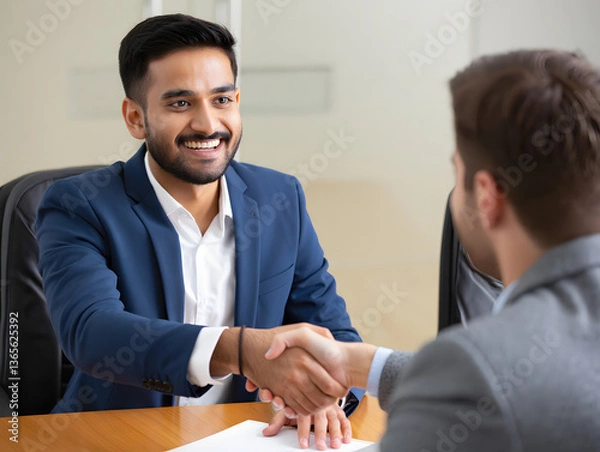 Fototapeta Happy young Indian business owner man shaking hands with male partner at meeting table, hiring new employee after interview,