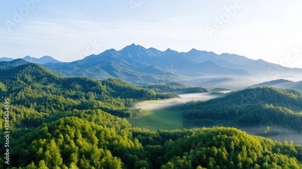 Fototapeta Misty mountain range, lush greenery, tranquil valley