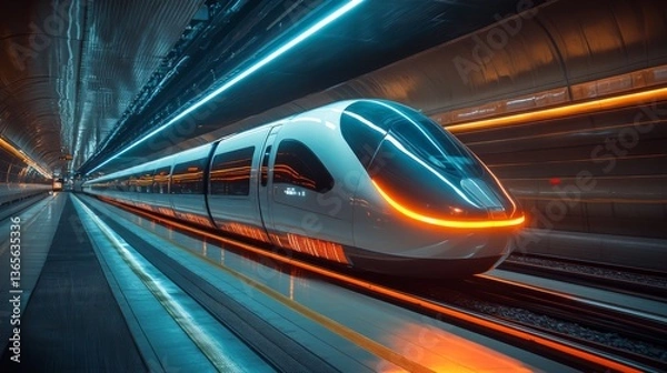 Fototapeta A sleek maglev train approaches a contemporary railway station illuminated by striking blue and orange lights, showcasing advanced transportation technology and urban mobility.