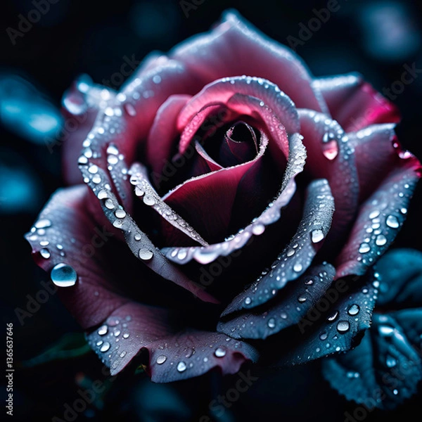 Fototapeta black rose with dew drops, created with Generative AI
