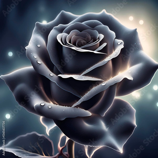 Fototapeta black rose with dew drops, created with Generative AI