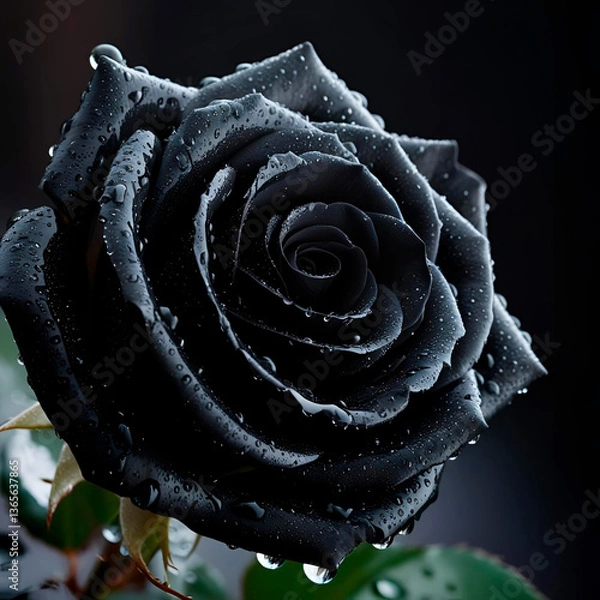 Fototapeta black rose with dew drops, created with Generative AI