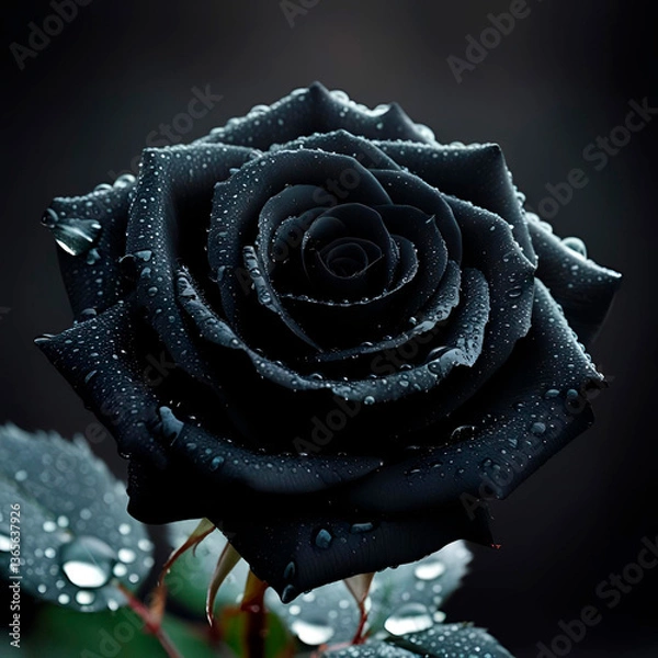 Fototapeta black rose with dew drops, created with Generative AI