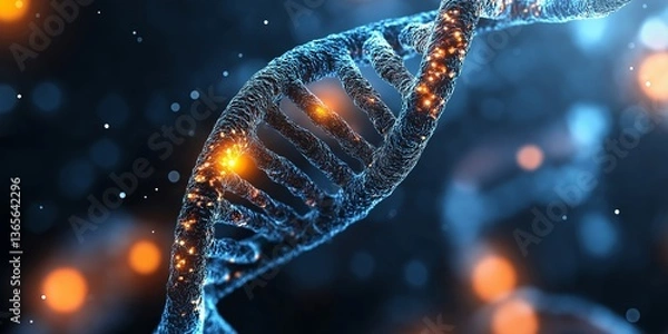 Fototapeta Close-up of a glowing DNA double helix, showcasing intricate details and vibrant colors against a dark background.
