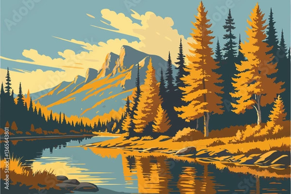 Fototapeta 16 Vibrant autumn landscape, serene lake reflection, golden foliage, evergreen trees, clear blue sky, wispy clouds, tranquil water surface, mountain backdrop, picturesque nature scene, fall colors, mi