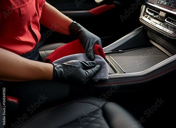 Obraz A worker is cleaning the car's leather seats with gloves and a microfiber cloth, with a close-up of their hands in action