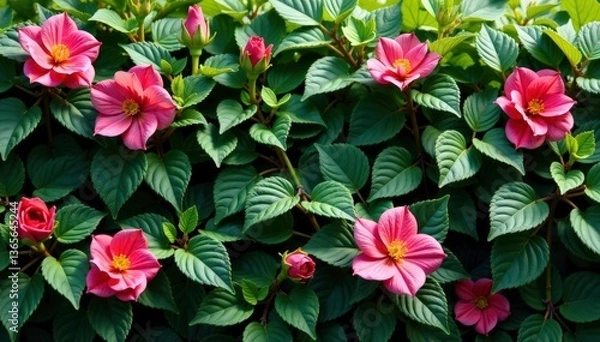 Fototapeta Continuous blooming flowers, intertwined vines, lush greenery , bloom, design, illustration