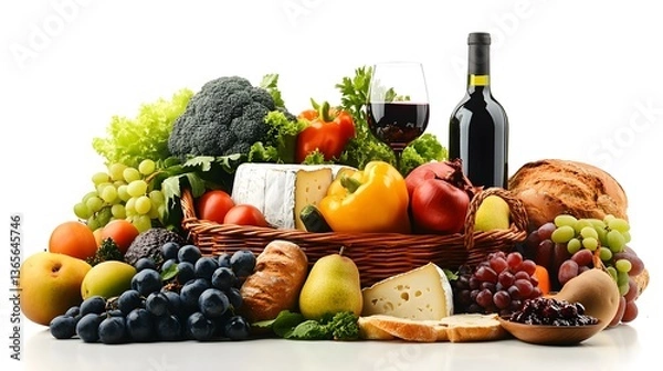 Obraz Fresh Produce Cheese Bread and Red Wine Still Life Arrangement
