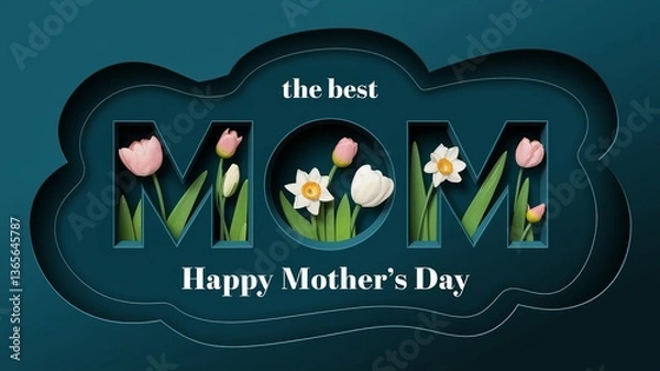 Fototapeta layered paper-cut style "MOM" typography with tulips and daffodils, celebrating Mother's Day