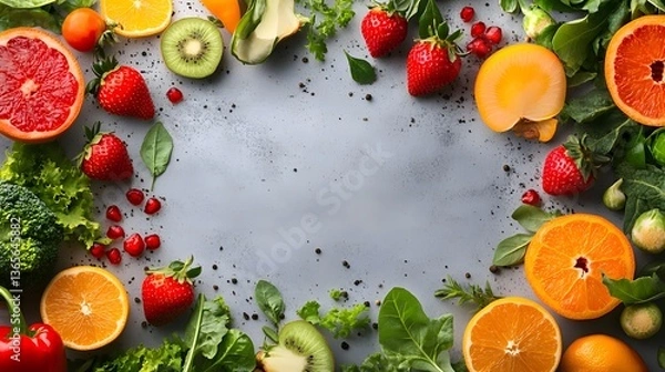 Obraz Vibrant Fresh Fruit and Vegetable Border on Grey Background Healthy Eating Concept