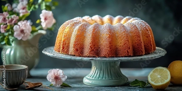 Obraz Bake a classic lemon pound cake This sweet dessert recipe features fresh lemon, resulting in a delightful cake. Garnish with flowers for a beautiful treat