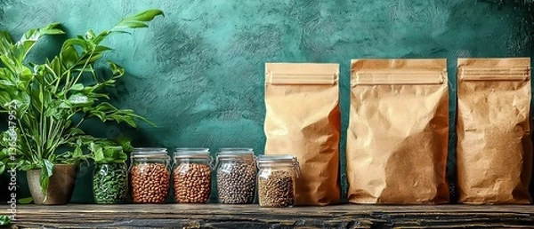 Obraz Eco-friendly packaging solutions and ideas for your kitchen Utilize jars, bags, and plants to store herbs and food, creating a sustainable and beautiful space.