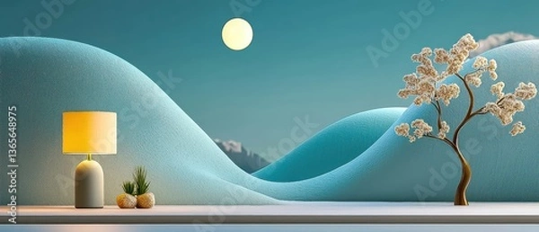 Obraz Serene, dreamy, and tranquil: a minimalist table lamp. Sustainable materials craft a soft, abstract design, creating a tranquil aura.