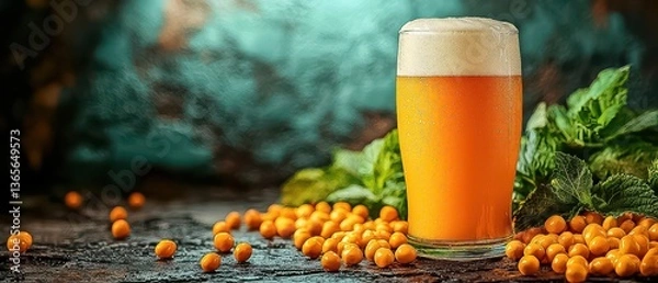 Obraz Mid-century modern home decor inspiration flows, featuring a golden beer pint. See the foam