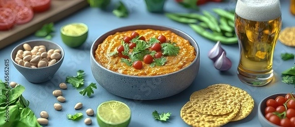 Obraz Craft delicious Food recipes This spicy beer cheese dip, ready in a bowl, pairs perfectly. Enjoy a tasty meal with hummus before the dip.