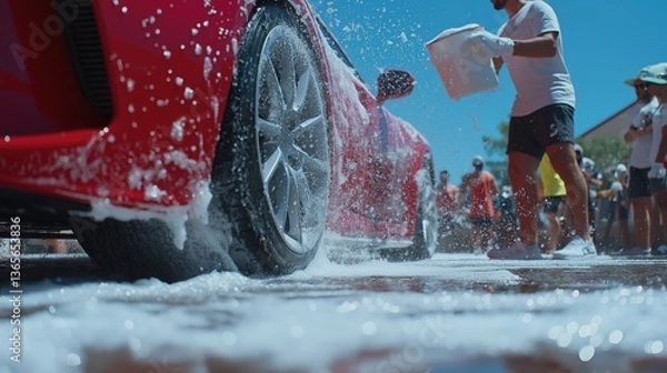 Fototapeta A person is using a bucket to rinse a red car while foam splashes from the tires. The image captures the vibrant colors and action of a car cleaning process under bright sunlight
